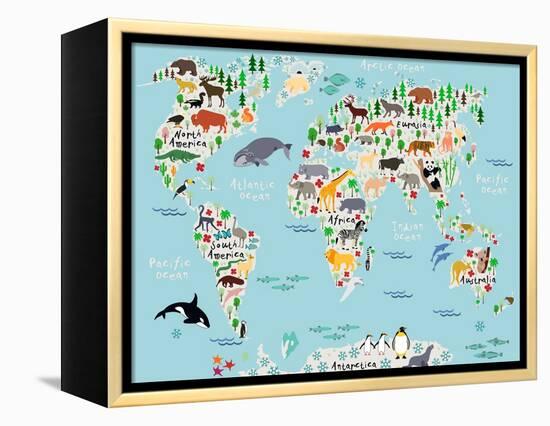 Animal Map of the World for Children and Kids-Moloko88-Framed Stretched Canvas