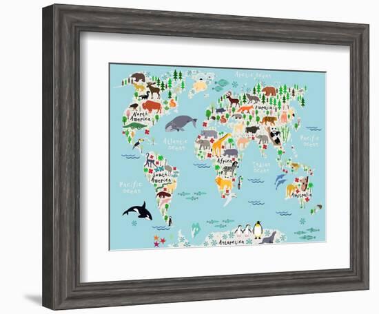 Animal Map of the World for Children and Kids-Moloko88-Framed Art Print