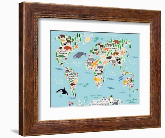 Animal Map of the World for Children and Kids-Moloko88-Framed Art Print