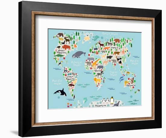 Animal Map of the World for Children and Kids-Moloko88-Framed Art Print