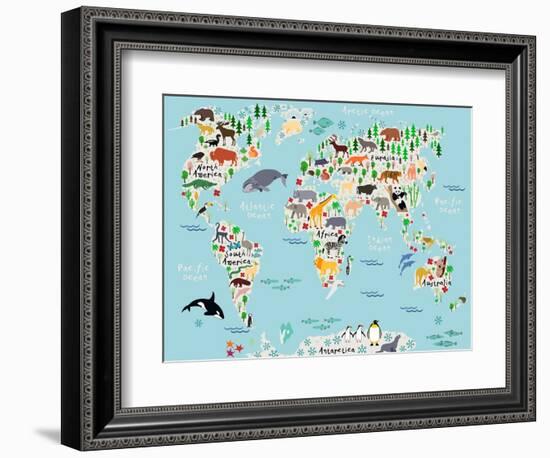 Animal Map of the World for Children and Kids-Moloko88-Framed Art Print