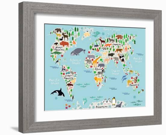 Animal Map of the World for Children and Kids-Moloko88-Framed Art Print