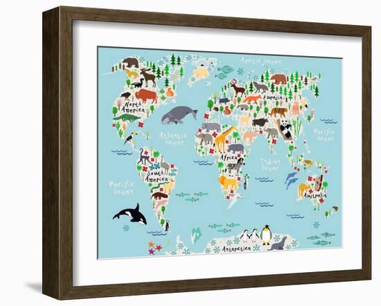 Animal Map of the World for Children and Kids-Moloko88-Framed Art Print