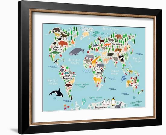 Animal Map of the World for Children and Kids-Moloko88-Framed Art Print