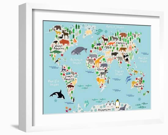 Animal Map of the World for Children and Kids-Moloko88-Framed Art Print