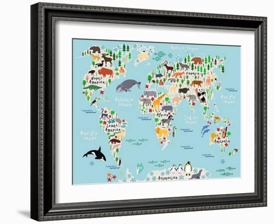 Animal Map of the World for Children and Kids-Moloko88-Framed Art Print