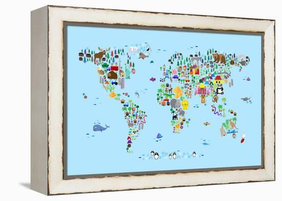 Animal Map of the World-Michael Tompsett-Framed Stretched Canvas