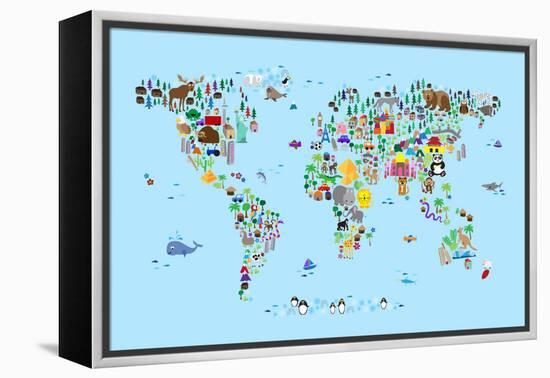 Animal Map of the World-Michael Tompsett-Framed Stretched Canvas