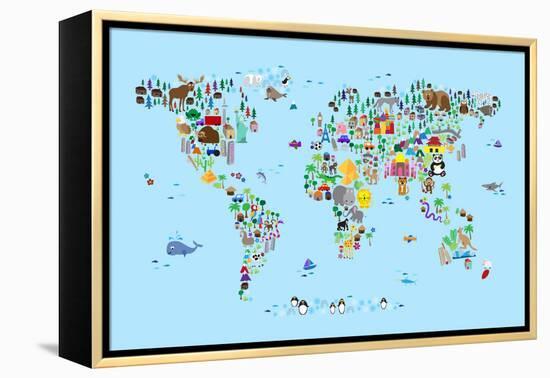 Animal Map of the World-Michael Tompsett-Framed Stretched Canvas