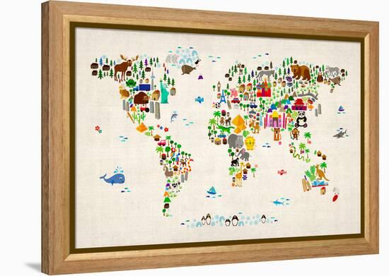 Animal Map of the World-Michael Tompsett-Framed Stretched Canvas