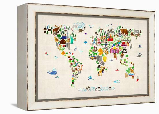 Animal Map of the World-Michael Tompsett-Framed Stretched Canvas