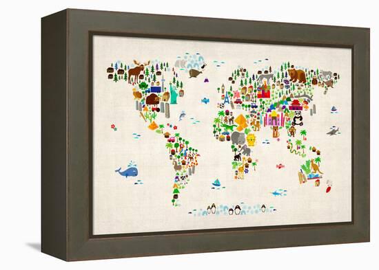 Animal Map of the World-Michael Tompsett-Framed Stretched Canvas