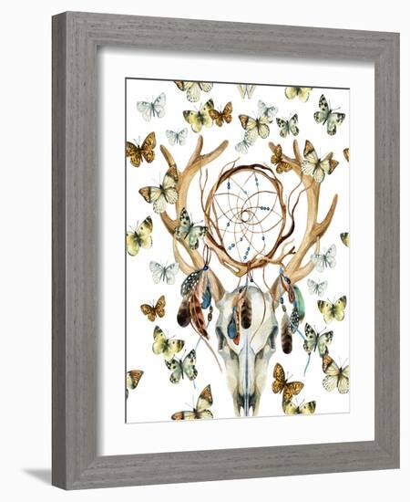 Animal Skull with Dreamcather and Butterfly-tanycya-Framed Art Print