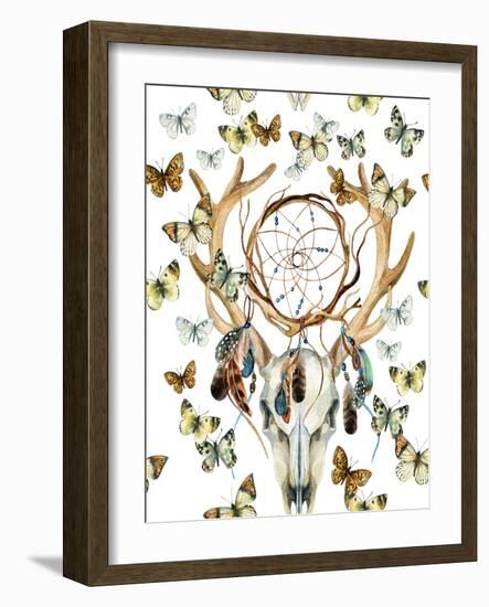 Animal Skull with Dreamcather and Butterfly-tanycya-Framed Art Print