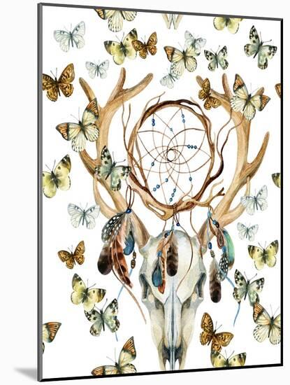 Animal Skull with Dreamcather and Butterfly-tanycya-Mounted Art Print