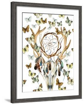 Animal Skull with Dreamcather and Butterfly-tanycya-Framed Art Print