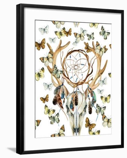 Animal Skull with Dreamcather and Butterfly-tanycya-Framed Art Print