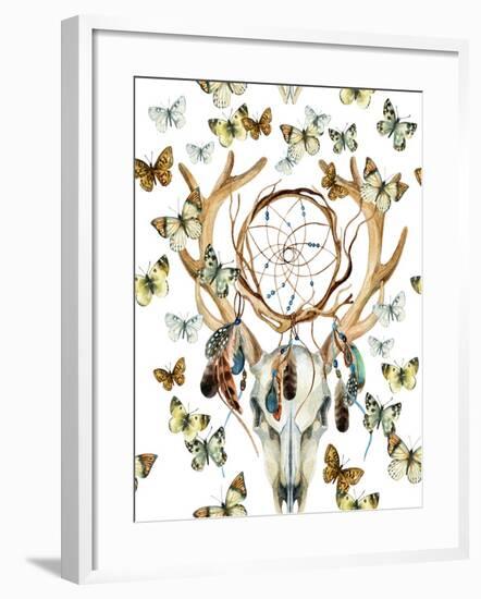 Animal Skull with Dreamcather and Butterfly-tanycya-Framed Art Print