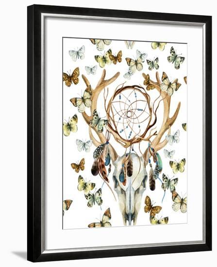 Animal Skull with Dreamcather and Butterfly-tanycya-Framed Art Print