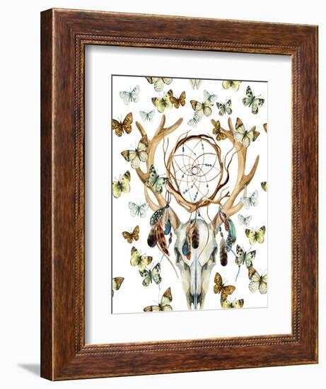 Animal Skull with Dreamcather and Butterfly-tanycya-Framed Art Print