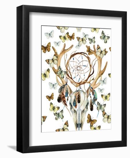 Animal Skull with Dreamcather and Butterfly-tanycya-Framed Art Print