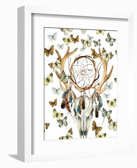 Animal Skull with Dreamcather and Butterfly-tanycya-Framed Art Print