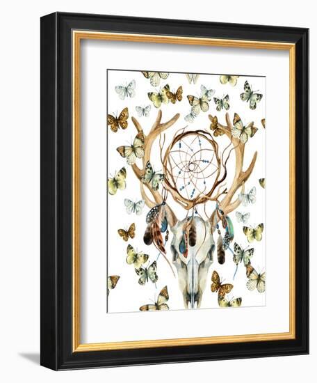 Animal Skull with Dreamcather and Butterfly-tanycya-Framed Art Print