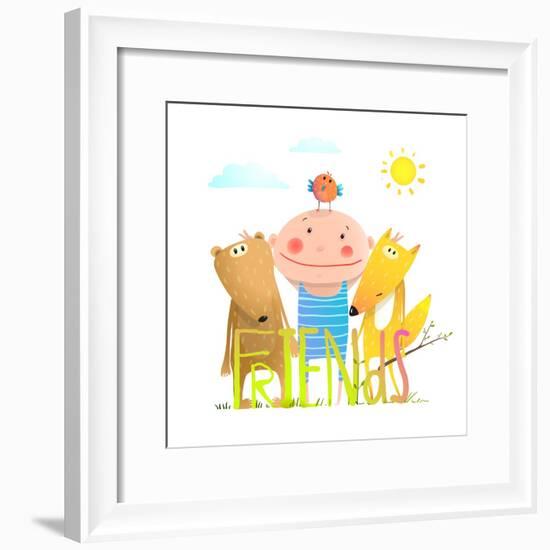 Animals Fox Bear Bird and Kid Childish Funny Friendship Cartoon with Sign. Kids Cute Friendship Bri-Popmarleo-Framed Premium Giclee Print