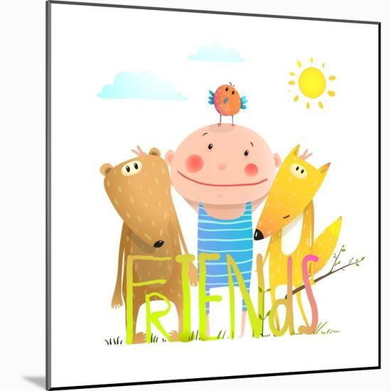 Animals Fox Bear Bird and Kid Childish Funny Friendship Cartoon with Sign. Kids Cute Friendship Bri-Popmarleo-Mounted Premium Giclee Print