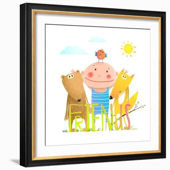 Animals Fox Bear Bird and Kid Childish Funny Friendship Cartoon with Sign. Kids Cute Friendship Bri-Popmarleo-Framed Premium Giclee Print