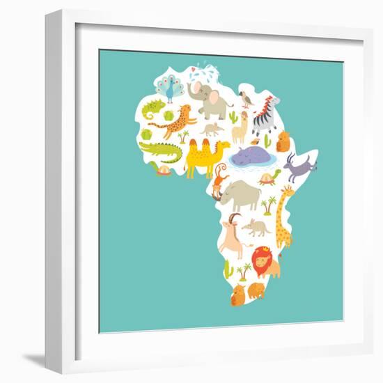 Animals World Map Africa. Colorful Cartoon Vector Illustration-coffeee_in-Framed Art Print