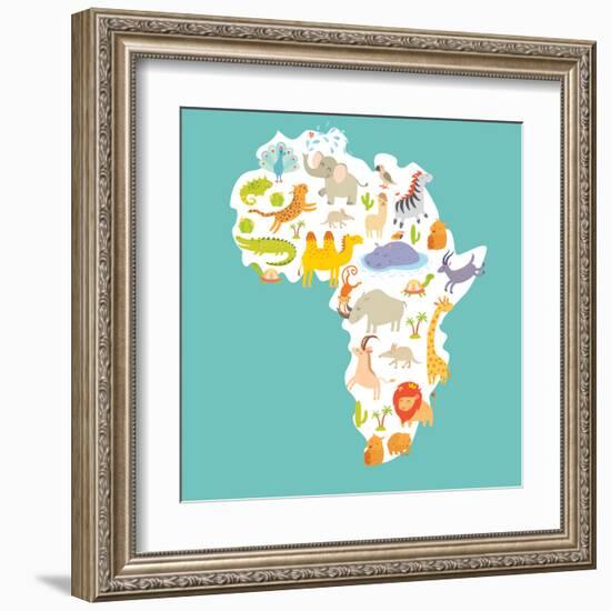 Animals World Map Africa. Colorful Cartoon Vector Illustration-coffeee_in-Framed Art Print