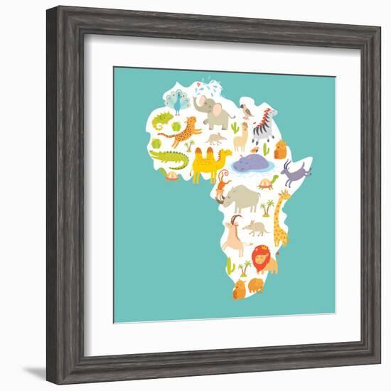 Animals World Map Africa. Colorful Cartoon Vector Illustration-coffeee_in-Framed Art Print