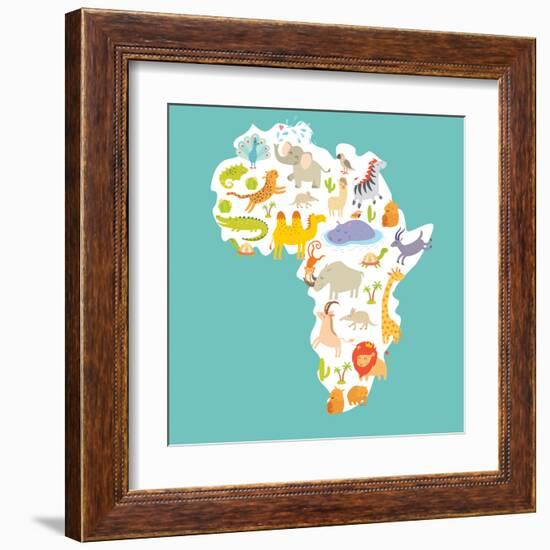 Animals World Map Africa. Colorful Cartoon Vector Illustration-coffeee_in-Framed Art Print