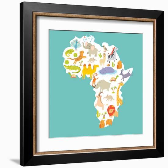 Animals World Map Africa. Colorful Cartoon Vector Illustration-coffeee_in-Framed Art Print