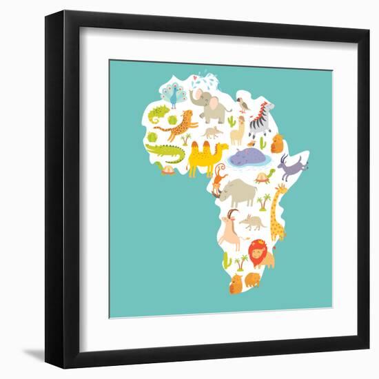 Animals World Map Africa. Colorful Cartoon Vector Illustration-coffeee_in-Framed Art Print