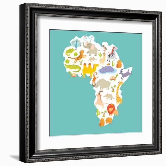 Animals World Map Africa. Colorful Cartoon Vector Illustration-coffeee_in-Framed Art Print