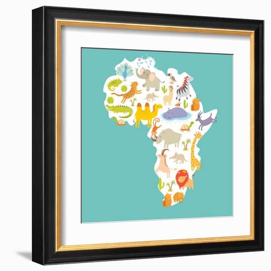 Animals World Map Africa. Colorful Cartoon Vector Illustration-coffeee_in-Framed Art Print