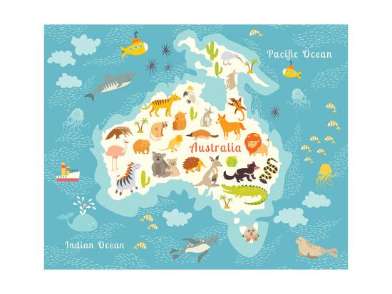 Animals World Map Australia Vector Illustration Art Print Coffeee In Art Com