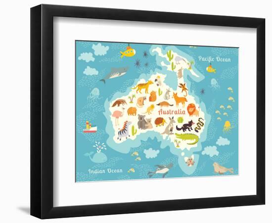 Animals World Map Australia. Vector Illustration-coffeee_in-Framed Art Print