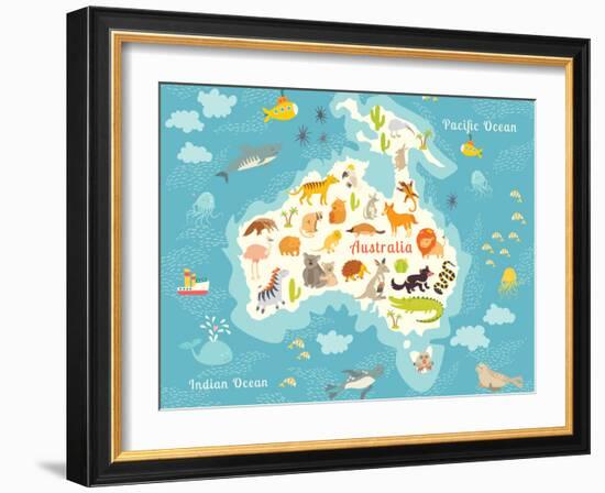 Animals World Map Australia. Vector Illustration-coffeee_in-Framed Art Print