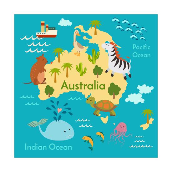 Animals World Map Australia Art Print Coffeee In Art Com