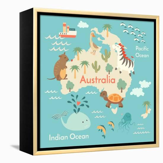 Animals World Map Australia-coffeee_in-Framed Stretched Canvas