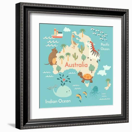 Animals World Map Australia-coffeee_in-Framed Art Print