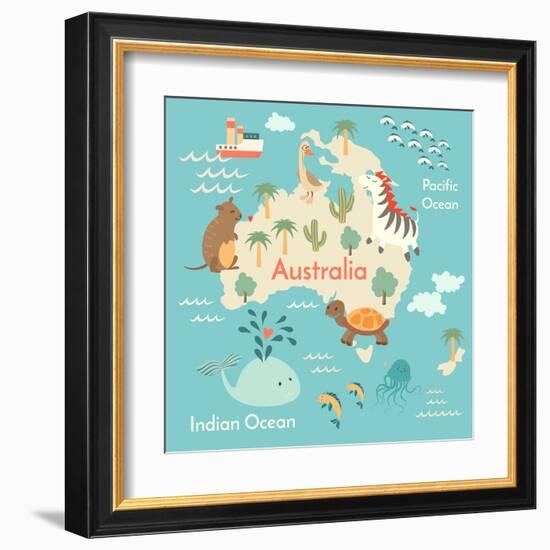 Animals World Map Australia-coffeee_in-Framed Art Print