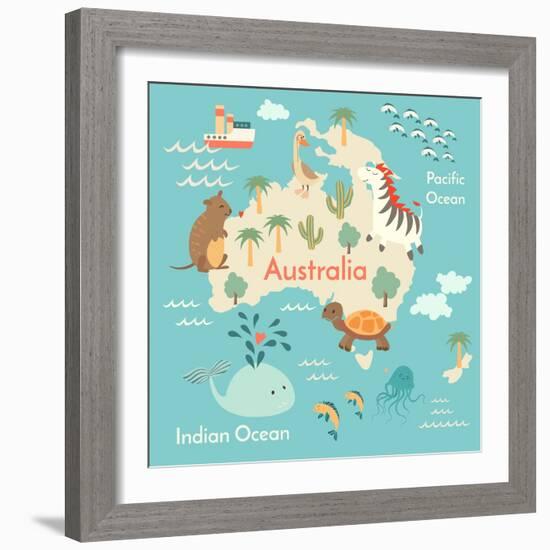 Animals World Map Australia-coffeee_in-Framed Art Print