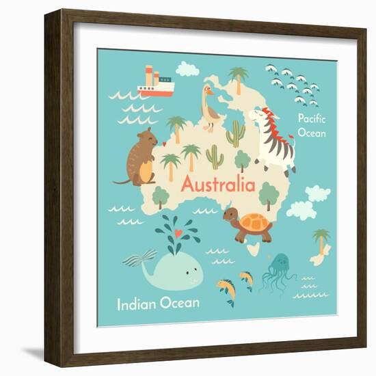 Animals World Map Australia-coffeee_in-Framed Art Print