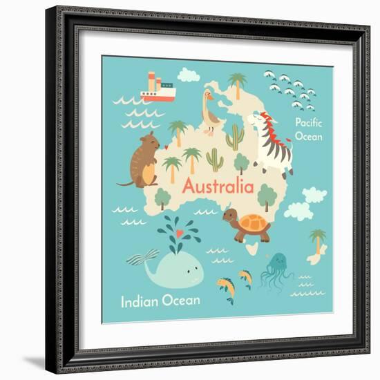 Animals World Map Australia-coffeee_in-Framed Art Print