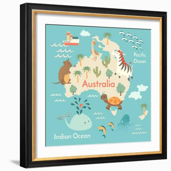 Animals World Map Australia-coffeee_in-Framed Art Print