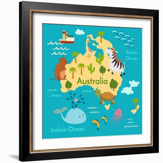 Animals World Map Australia-coffeee_in-Framed Premium Giclee Print